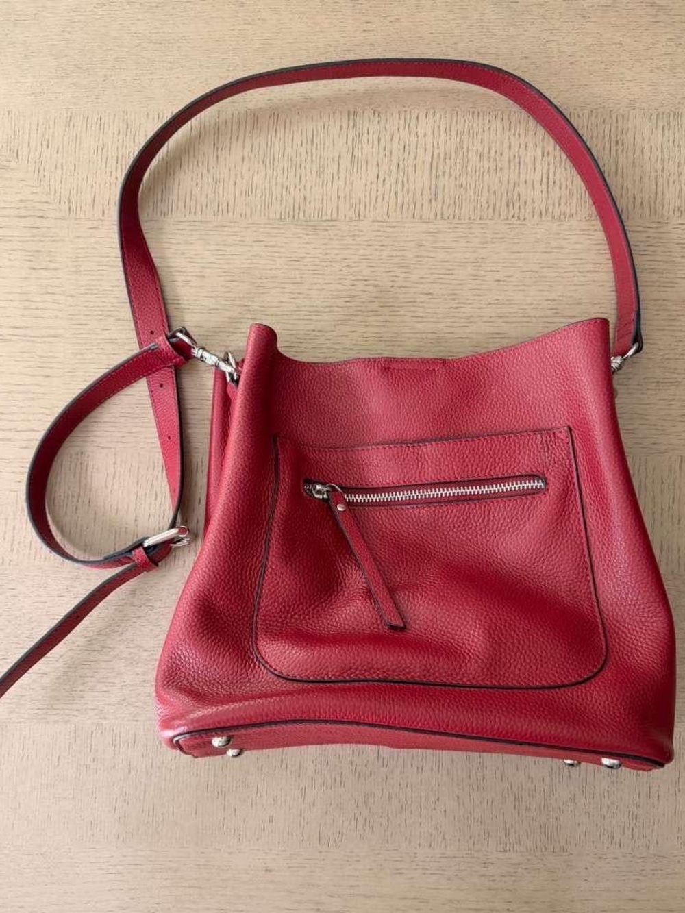 Zone Genuine Pebbled Leather Crossbody Bag Red Silver Hardware Zipper